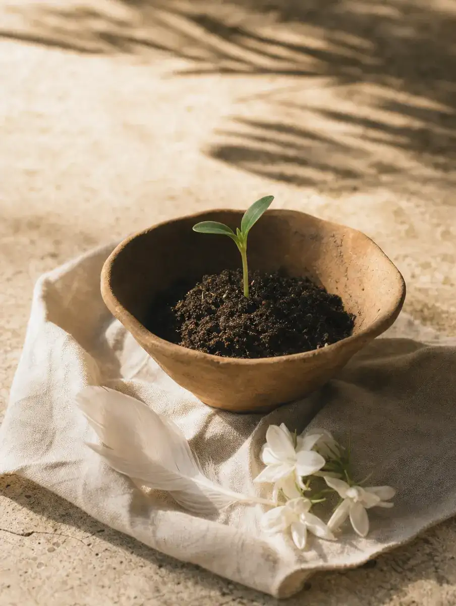 A green seedling sprouts from soil in a clay bowl beside a white feather and sampaguita flowers on linen.