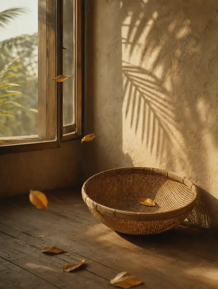 An empty rattan basket holds a single golden leaf by an open window as more leaves drift across the wooden floor.