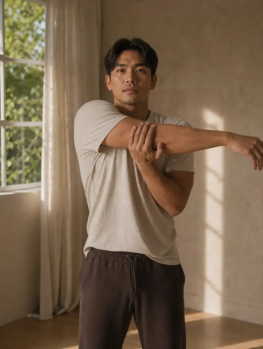 A man draws one straight arm across his chest with the other hand in a cross-body shoulder stretch, trees in the window behind.