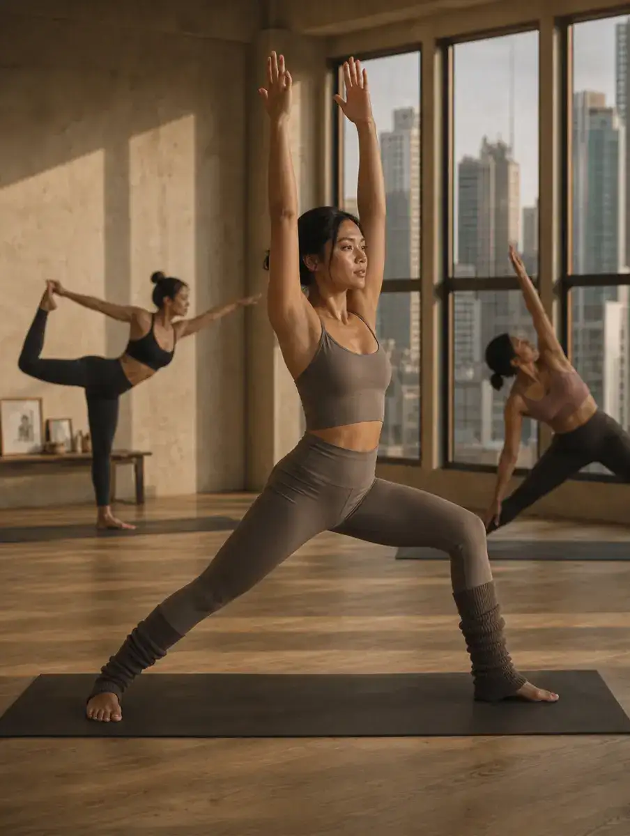 A woman in a stone set holds a high lunge with arms raised while two other students practise their own poses in a quiet Manila studio.
