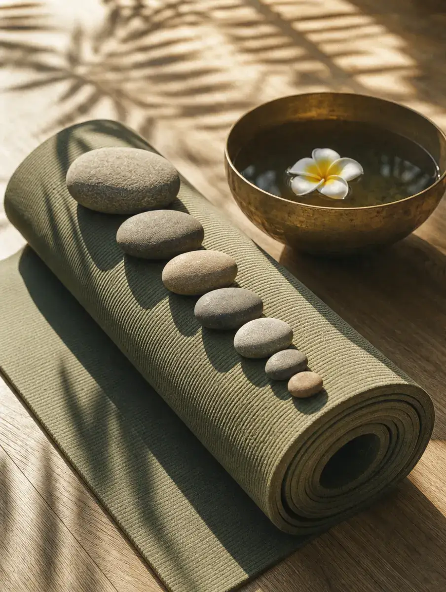 Eight river stones in a graduated line on a rolled sage yoga mat beside a brass bowl with a floating frangipani.