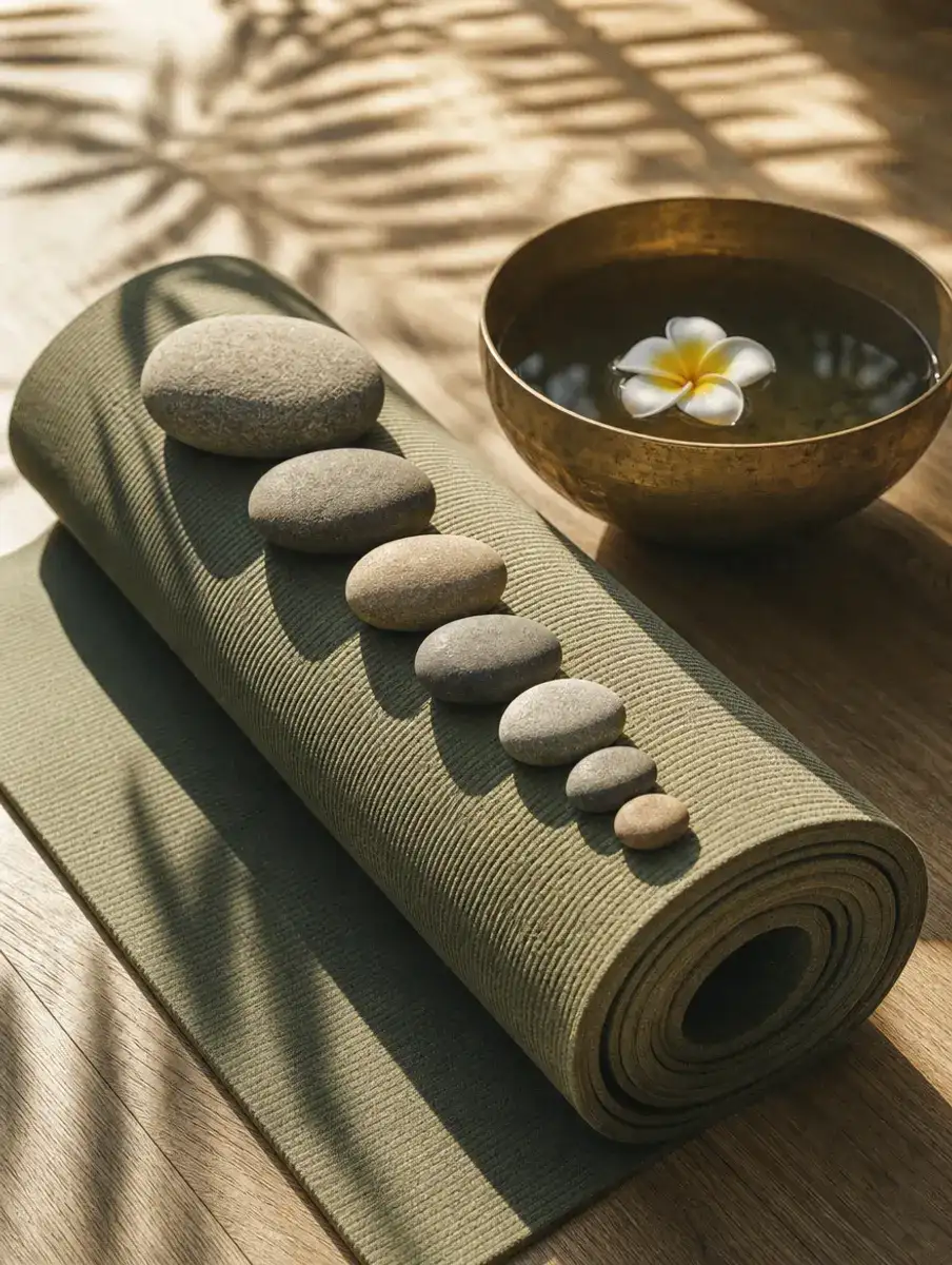 Eight river stones in a graduated line on a rolled sage yoga mat beside a brass bowl with a floating frangipani.