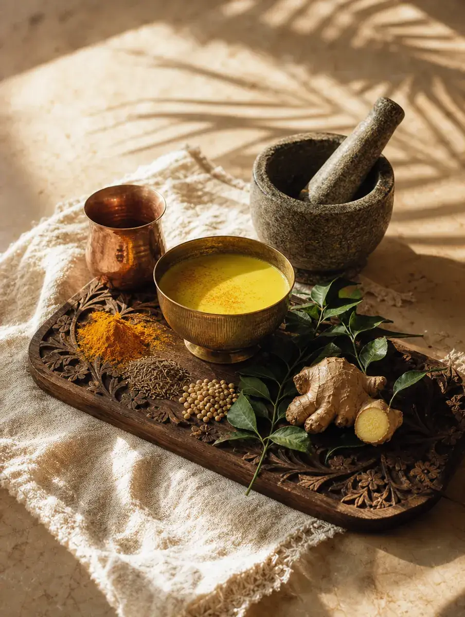 A brass bowl of turmeric milk with a copper cup, spices, curry leaves, ginger and a stone mortar on a carved board.