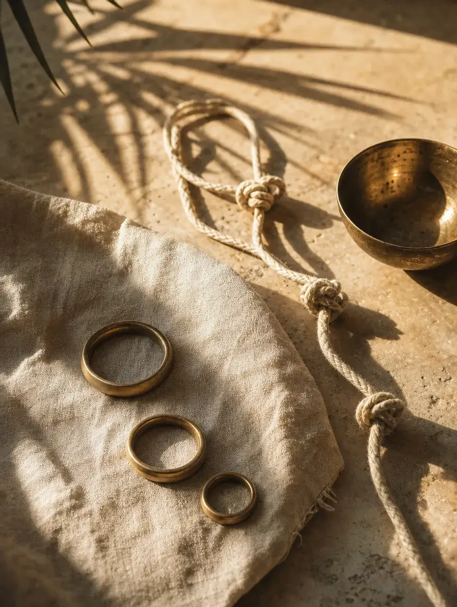 Three brass rings on linen beside a cotton cord tied in three knots and a brass bowl, under palm-leaf shadows.
