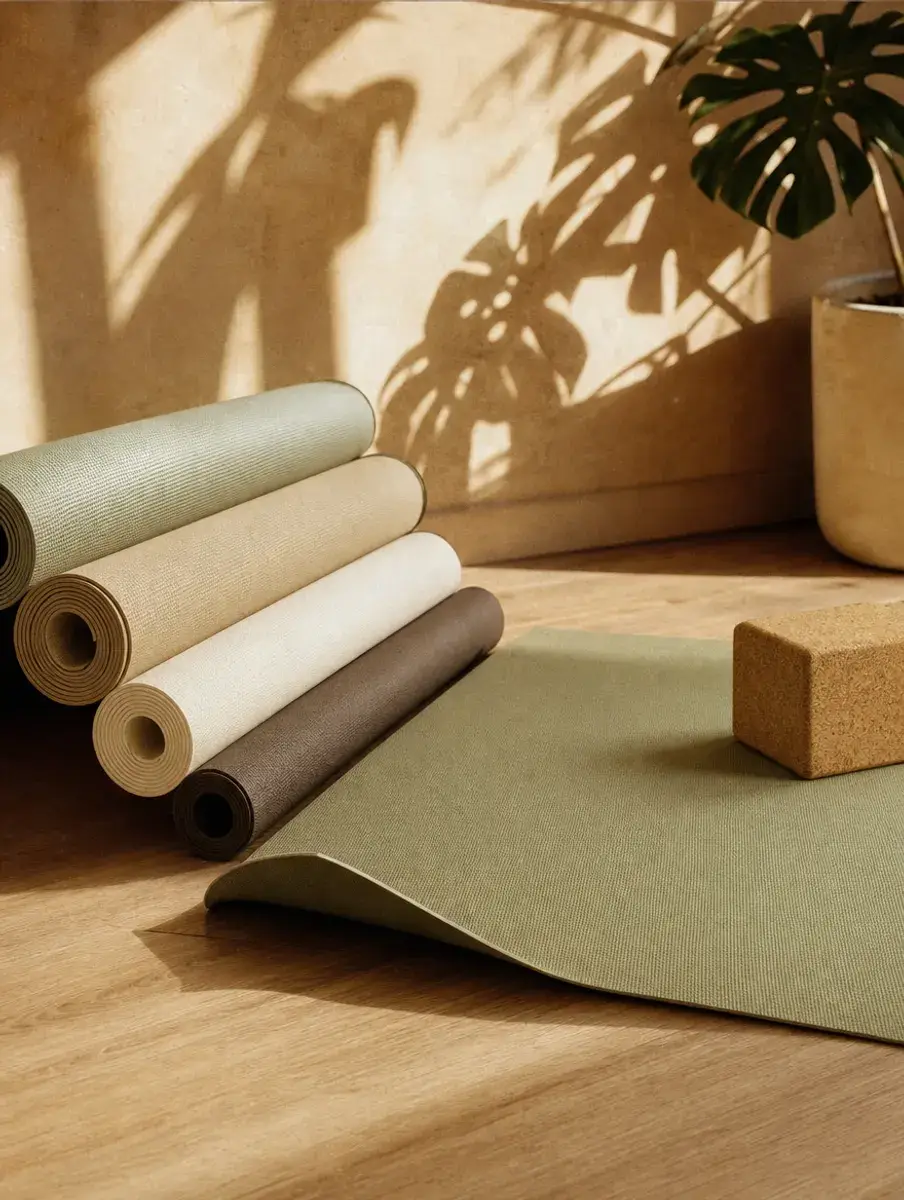Four unbranded yoga mats in sage, oat, cream and espresso rolled beside an unrolled sage mat and a cork block on an oak floor.