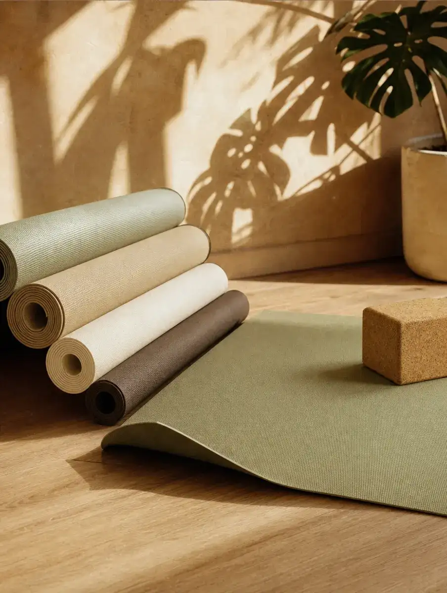 Four unbranded yoga mats in sage, oat, cream and espresso rolled beside an unrolled sage mat and a cork block on an oak floor.