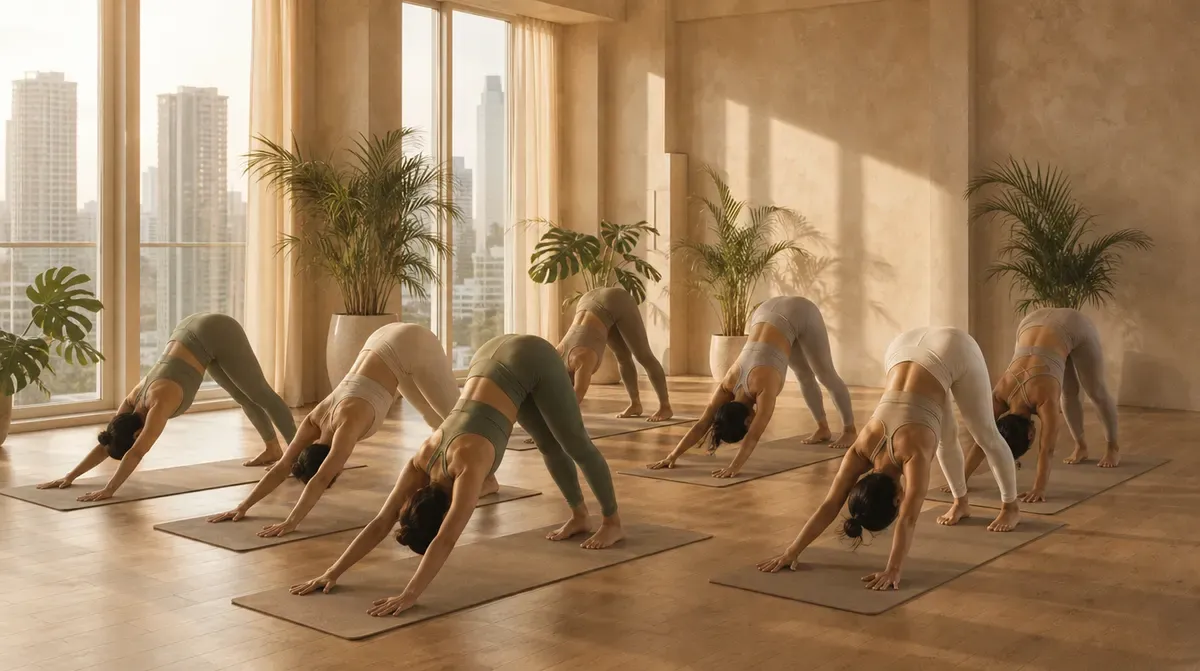 A class of women in Downward-Facing Dog in a bright Manila studio with oak floors, palms and city towers in tall windows.