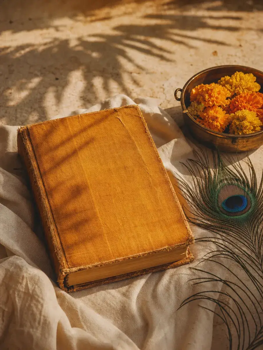 An old saffron cloth-bound book on linen beside a peacock feather and a brass bowl of marigolds, in palm-leaf shadow.