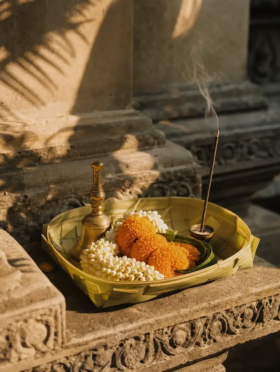 A woven palm-leaf tray of marigold and sampaguita garlands with a brass bell and incense on a carved temple step.