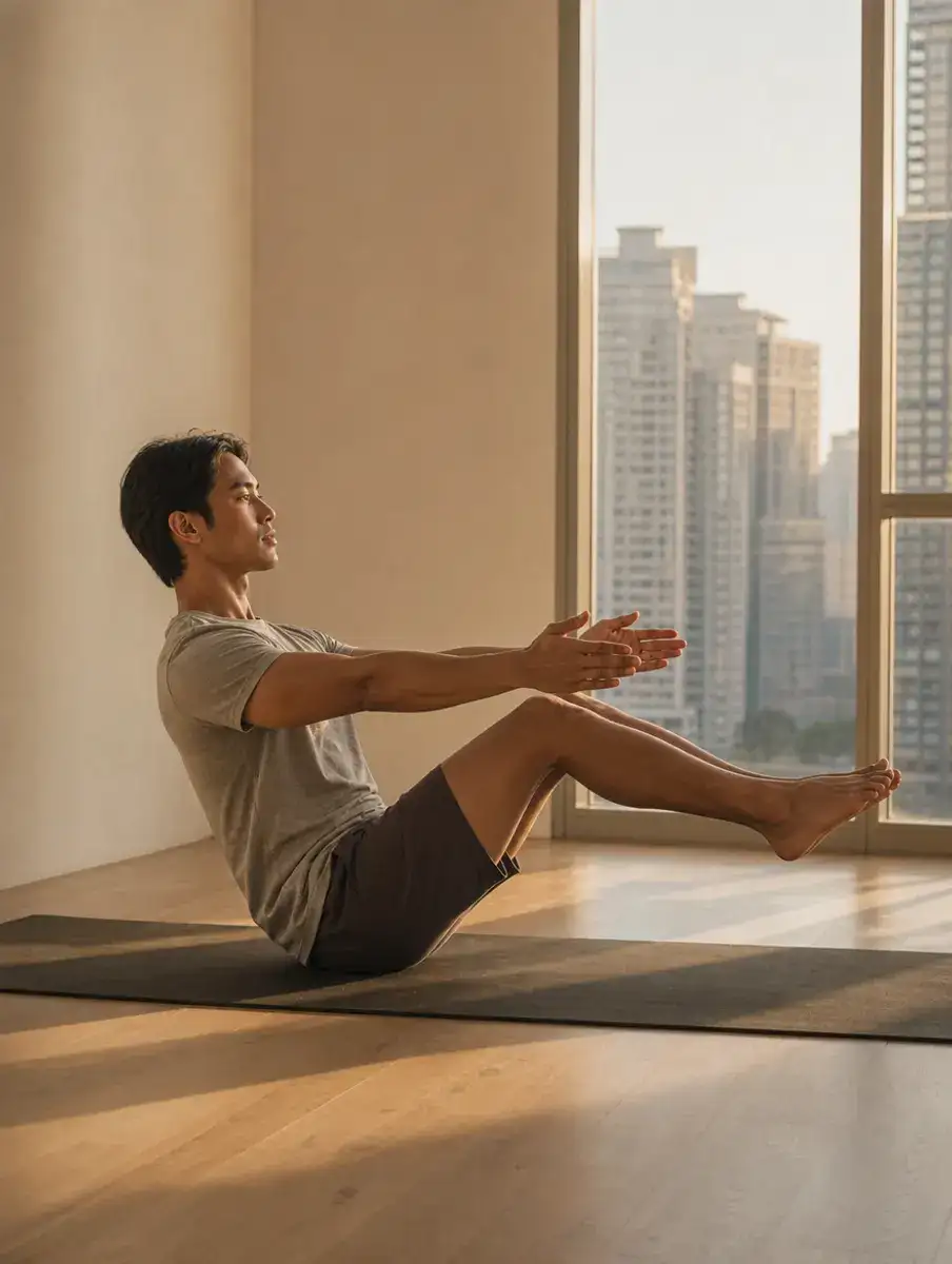 A man balances in Boat Pose with legs lifted and arms reaching forward, in a BGC condo studio with towers in the window.