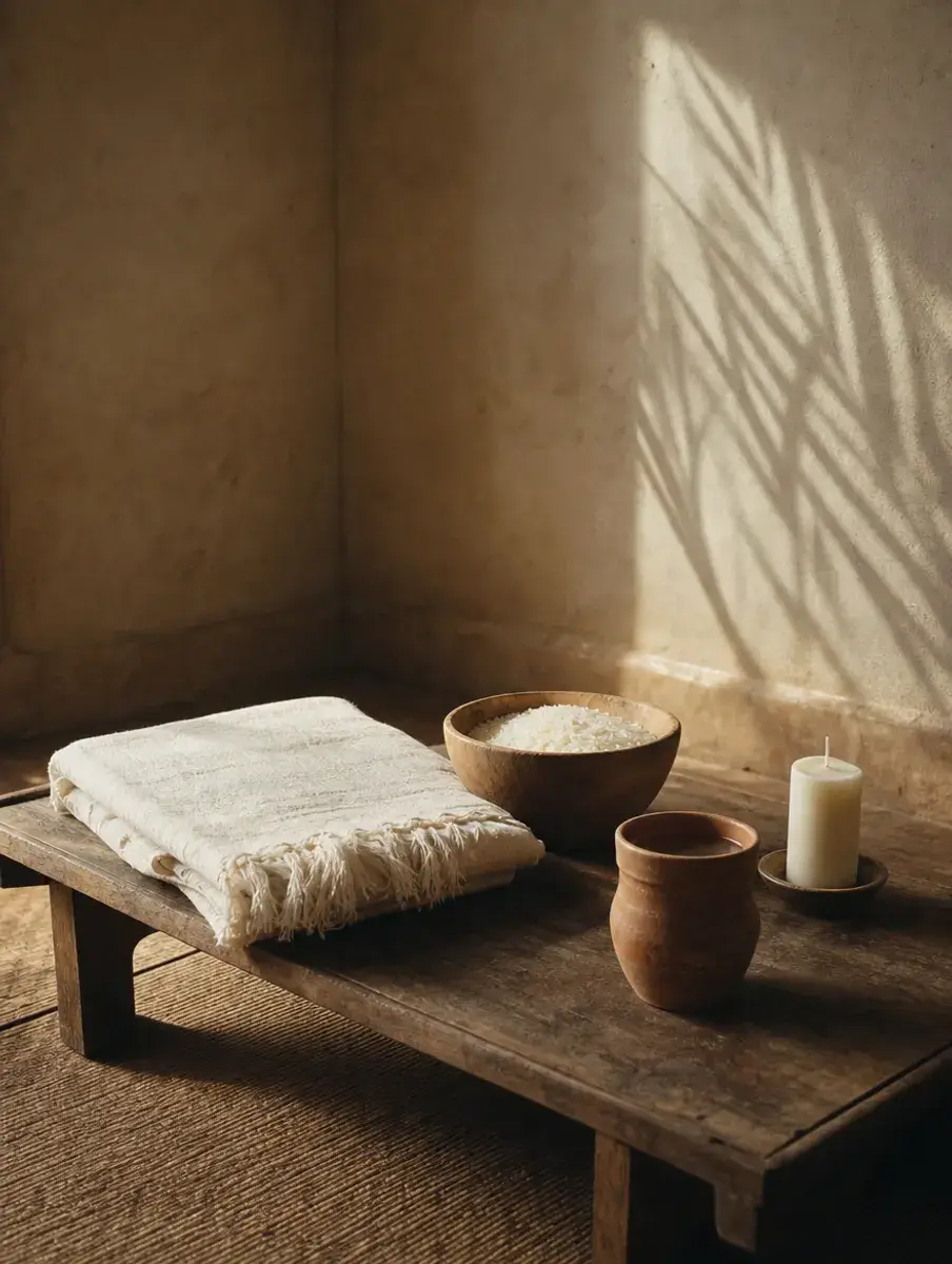 A folded cotton shawl, a bowl of rice, a clay cup and a candle on a low wooden table in a bare, quiet room.