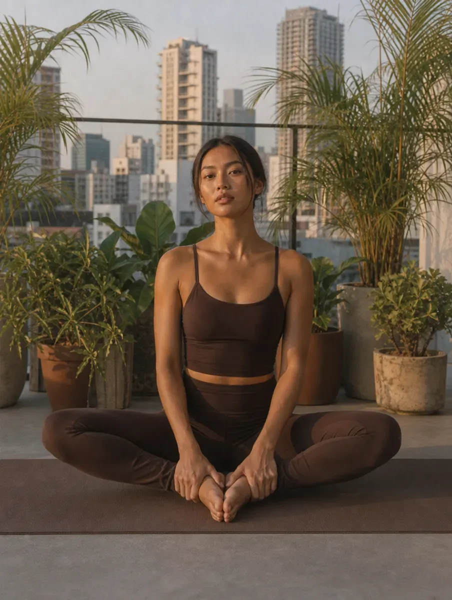 A woman in an espresso set sits tall in Butterfly Pose, soles together and knees open, hands around her feet, on a Manila condo rooftop.