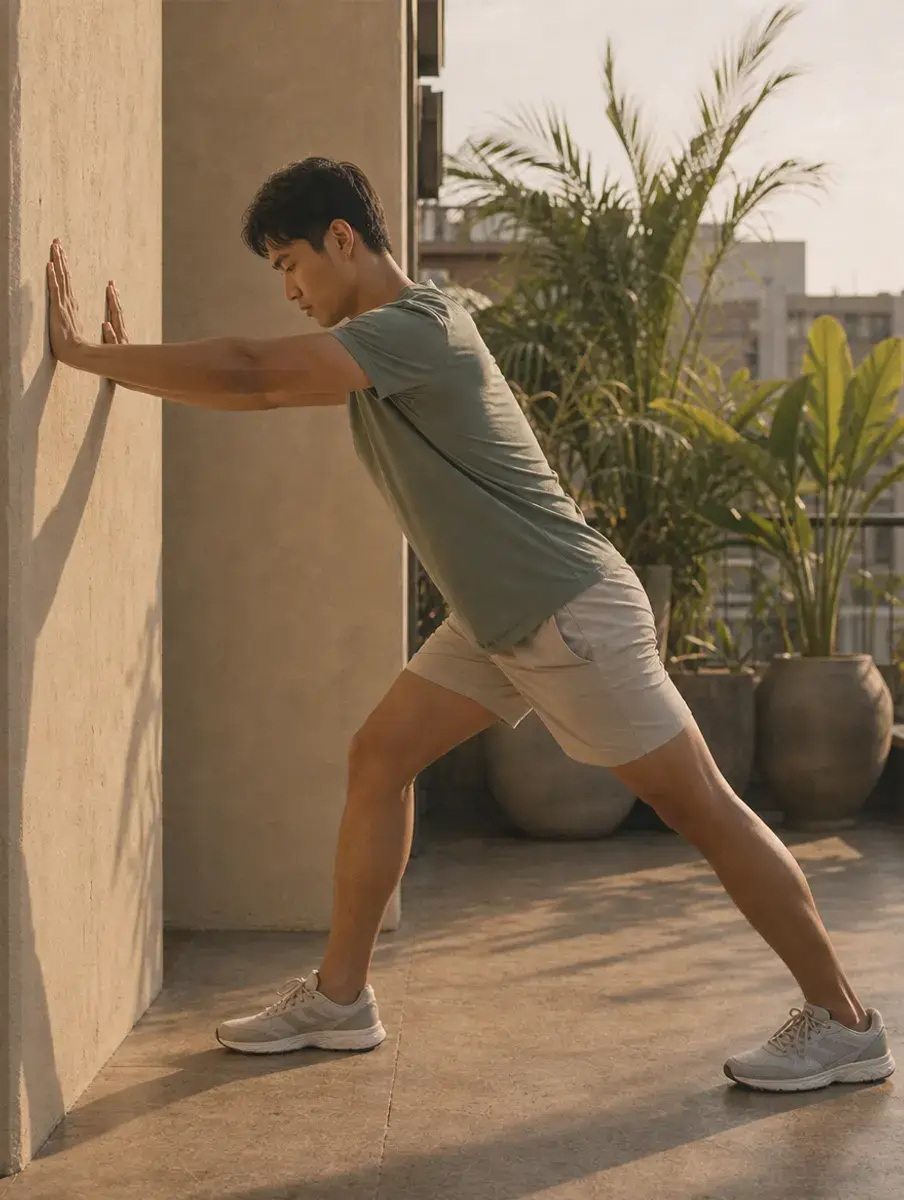 A man presses his hands into a wall with his back leg straight and heel down in a wall calf stretch on a sunny terrace.