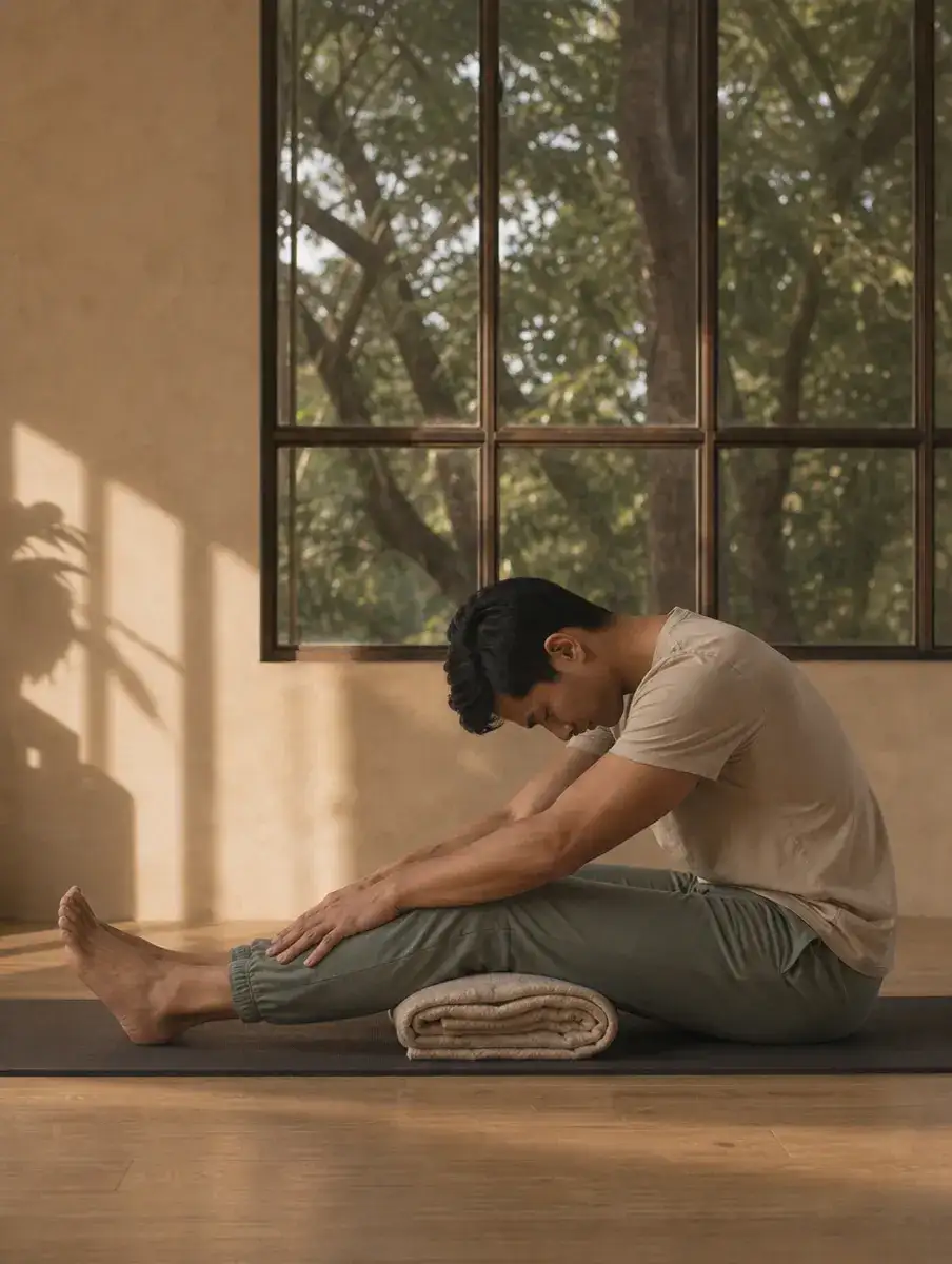 A man folds forward with a rounded spine over his legs in Yin Caterpillar, a rolled blanket under his knees.