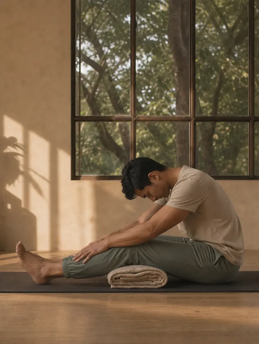 A man folds forward with a rounded spine over his legs in Yin Caterpillar, a rolled blanket under his knees.
