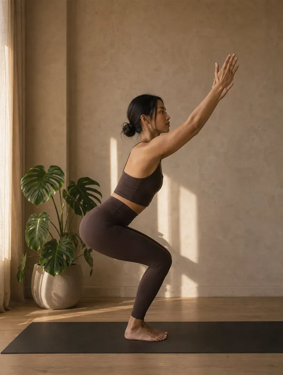 A woman in an espresso set sits back into Chair Pose with feet together and arms reaching up, in a sunlit plaster-walled studio.