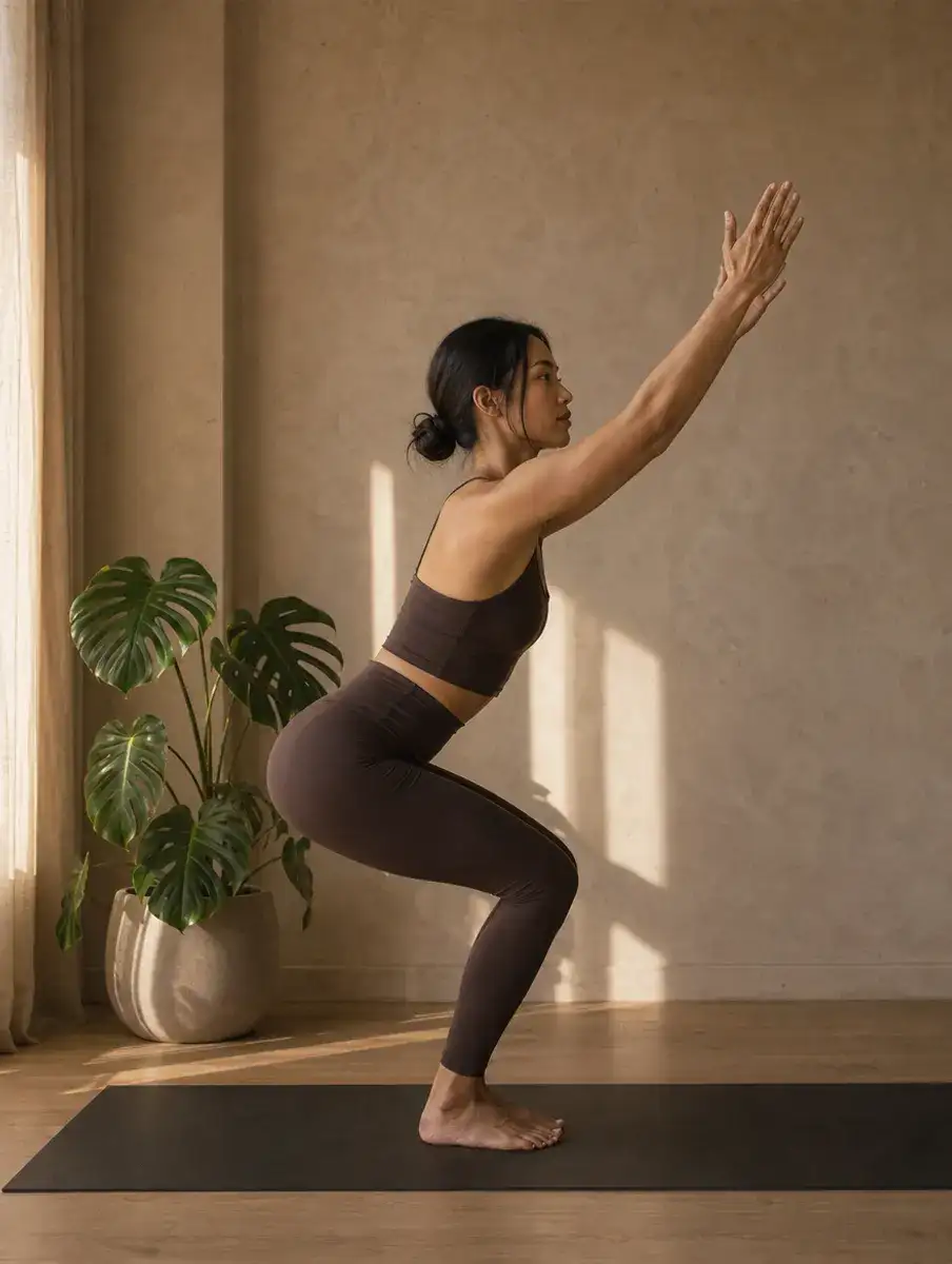 A woman in an espresso set sits back into Chair Pose with feet together and arms reaching up, in a sunlit plaster-walled studio.