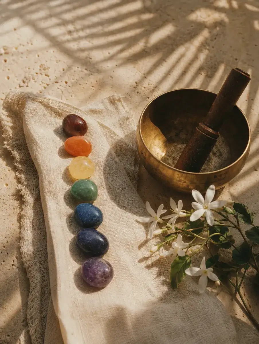 Seven polished stones in the chakra colours lined up on linen beside a brass singing bowl and white jasmine, in palm-leaf shadow.