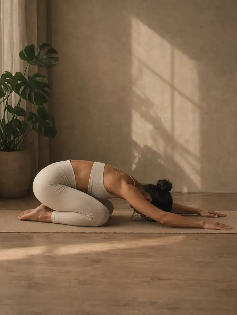 A woman in an oat set rests in Child's Pose, hips on her heels, forehead on the mat and arms stretched forward.
