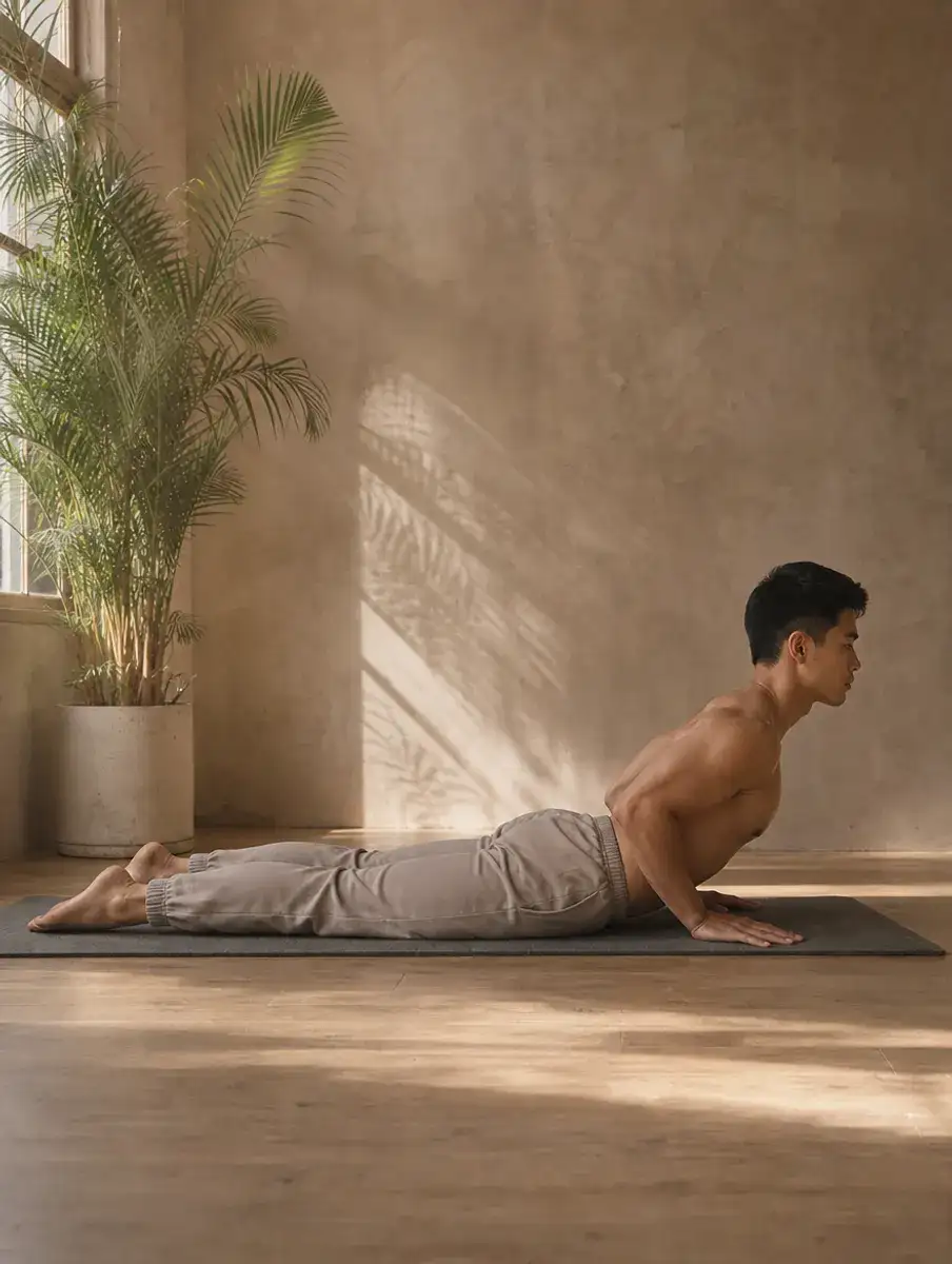 A man lies on his belly with hands under his shoulders and elbows bent, lifting his chest into Cobra Pose in a sunlit studio.