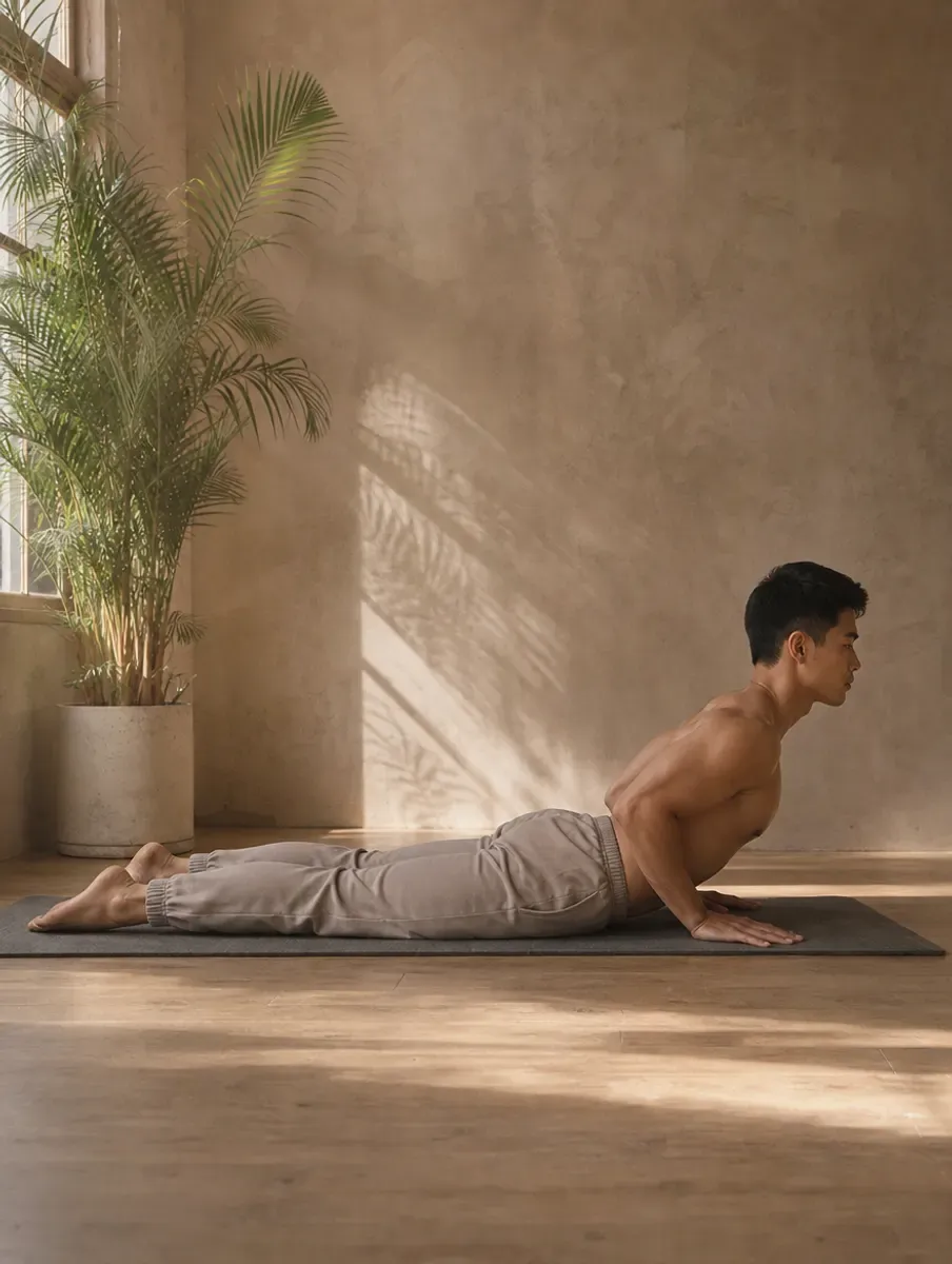 A man lies on his belly with hands under his shoulders and elbows bent, lifting his chest into Cobra Pose in a sunlit studio.