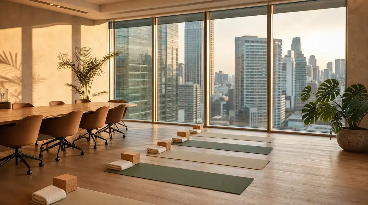 A bright Makati office meeting room set up for yoga, with mats, cork blocks and blankets laid out beside the table and towers outside.