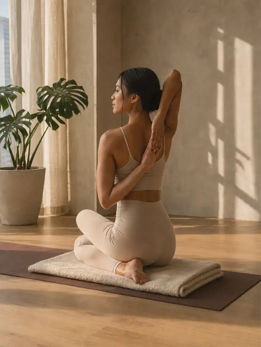 Seen from behind, a woman seated on a blanket clasps her hands between her shoulder blades in Cow Face Pose arms.