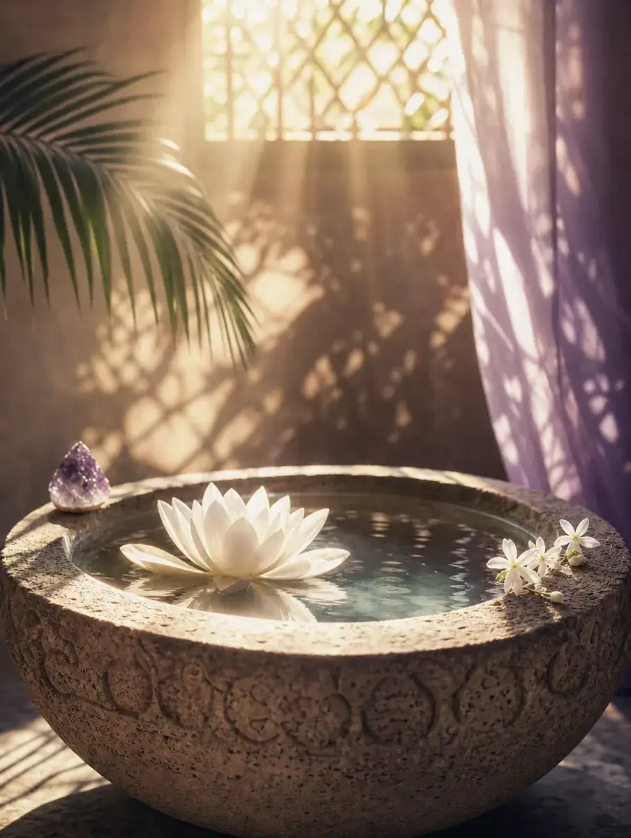A white lotus floats in a carved stone bowl beside an amethyst and jasmine, light pouring through a lattice window above.