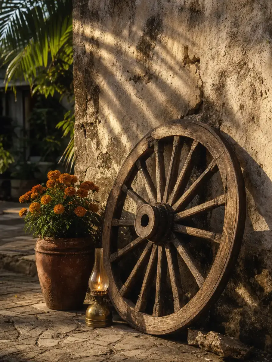 An old wooden cart wheel leans against a limestone wall beside a pot of marigolds and a small lit lamp.