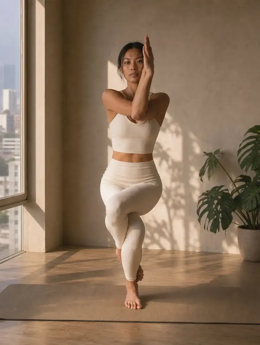 A woman in a cream set stands in Eagle Pose with legs wrapped, knee bent and arms twined in front of her face.