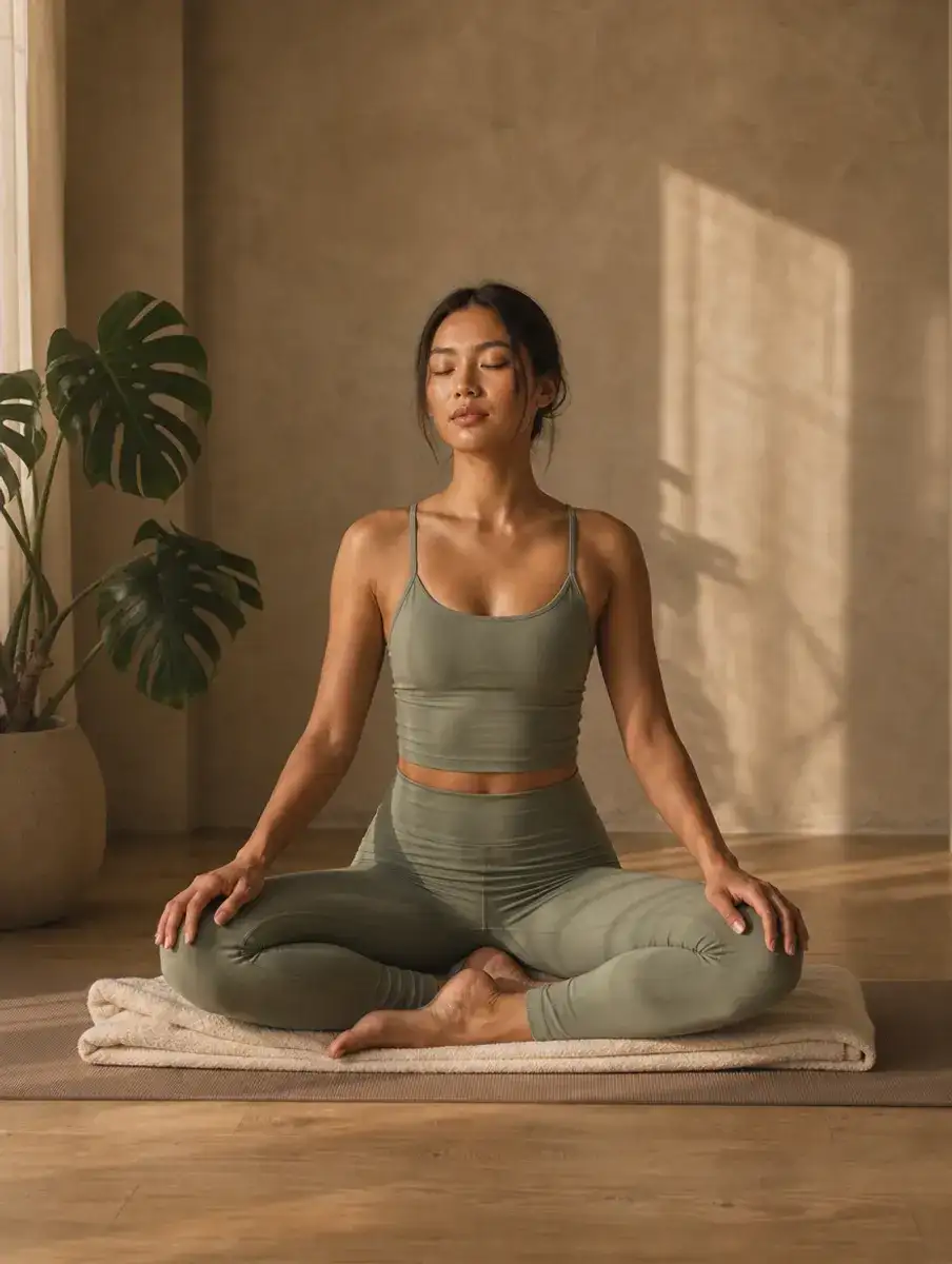 A woman in a sage set sits cross-legged in Easy Pose on a folded blanket, hands on her knees and eyes closed.