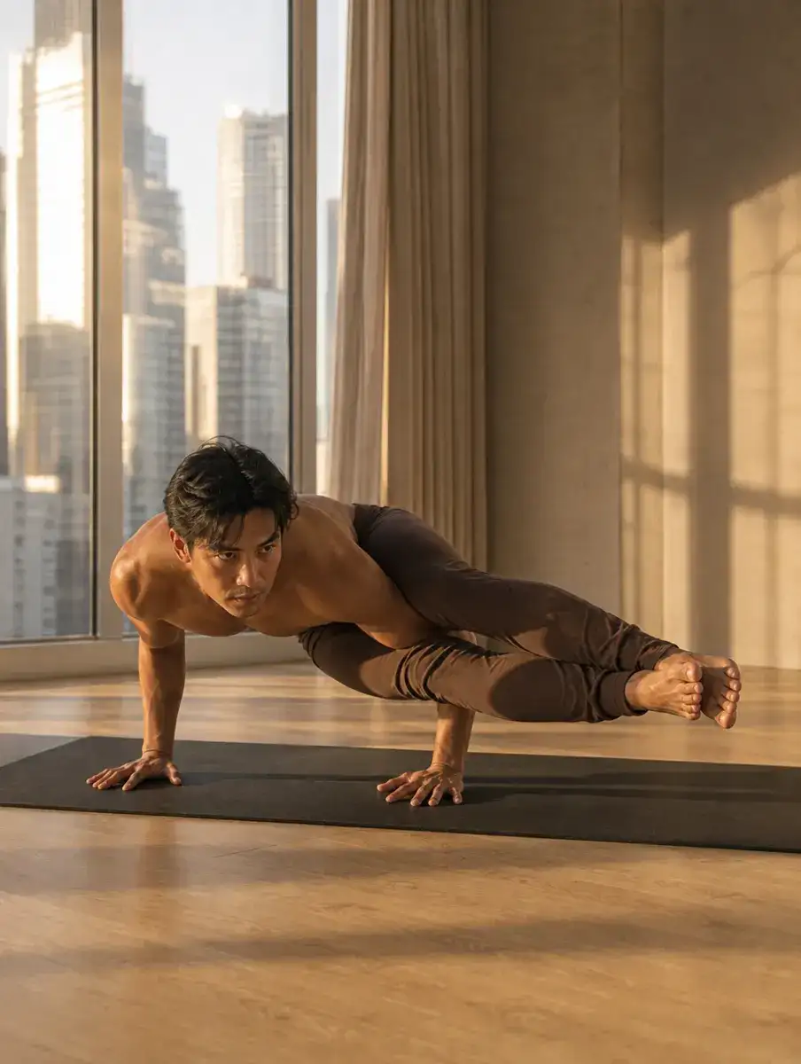 A man balances on bent arms in Eight-Angle Pose, ankles crossed and legs extended to one side, in a BGC studio.