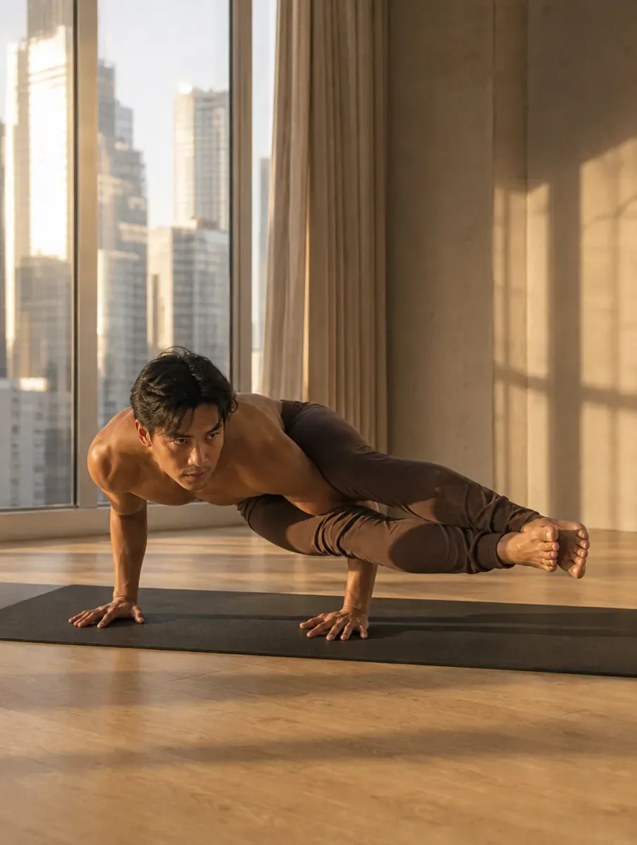 A man balances on bent arms in Eight-Angle Pose, ankles crossed and legs extended to one side, in a BGC studio.
