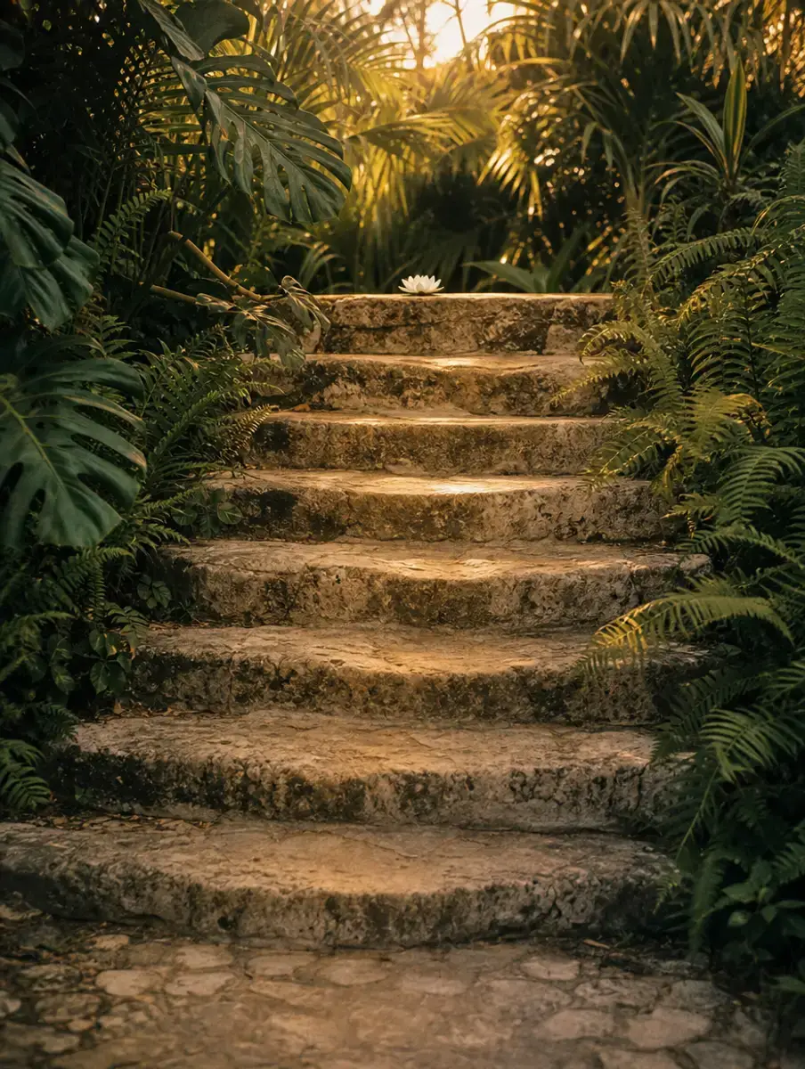Eight worn limestone steps rise through a tropical garden toward a single white lotus on the top step.