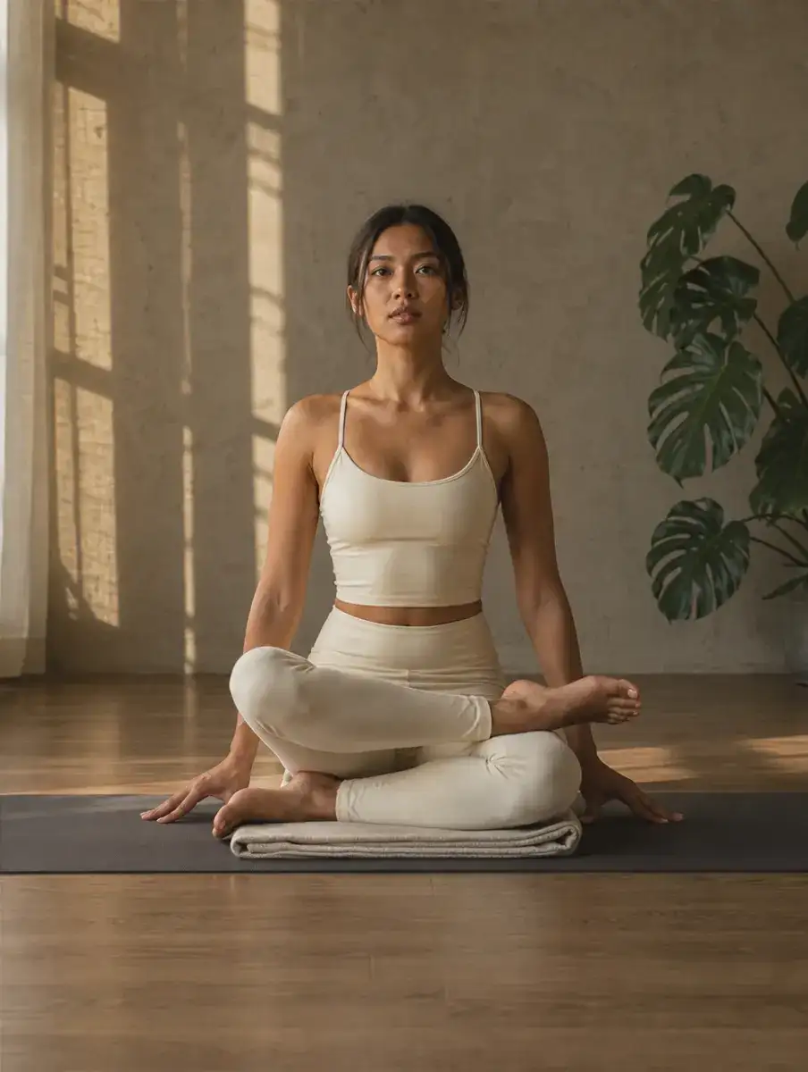 A woman in a cream set sits tall on a blanket in Fire Log Pose, one shin stacked on the other, hands beside her hips.