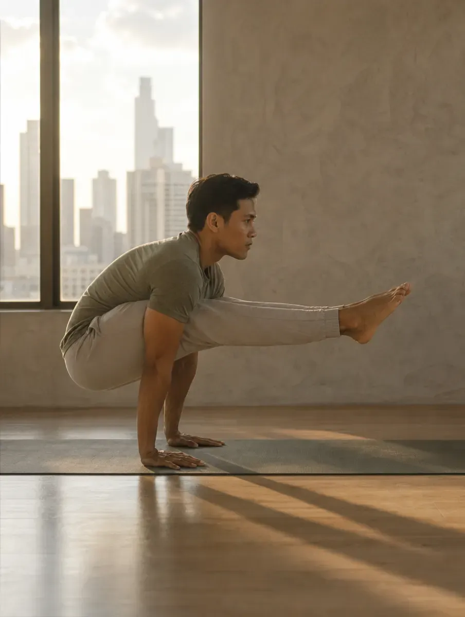 A man balances on his hands in Firefly Pose with thighs on his upper arms and legs extended forward, in a Makati studio.