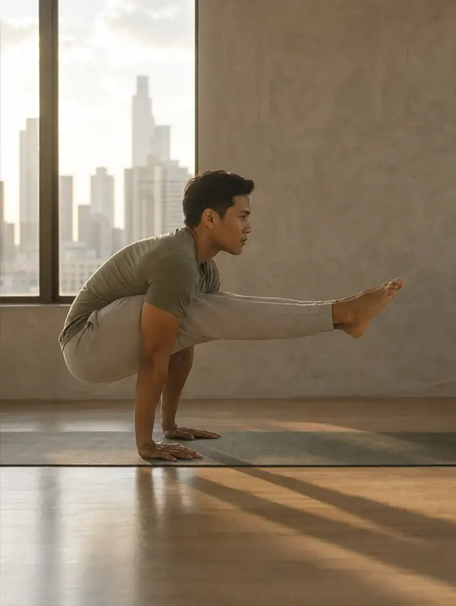 A man balances on his hands in Firefly Pose with thighs on his upper arms and legs extended forward, in a Makati studio.