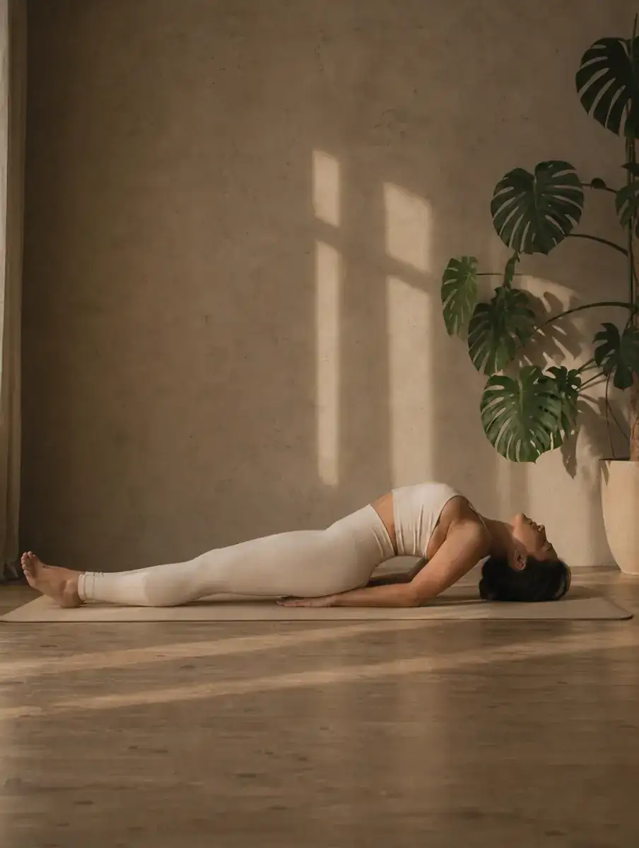 A woman in a cream set lies in Fish Pose, legs straight and chest lifted on her forearms, crown of the head resting on the mat.
