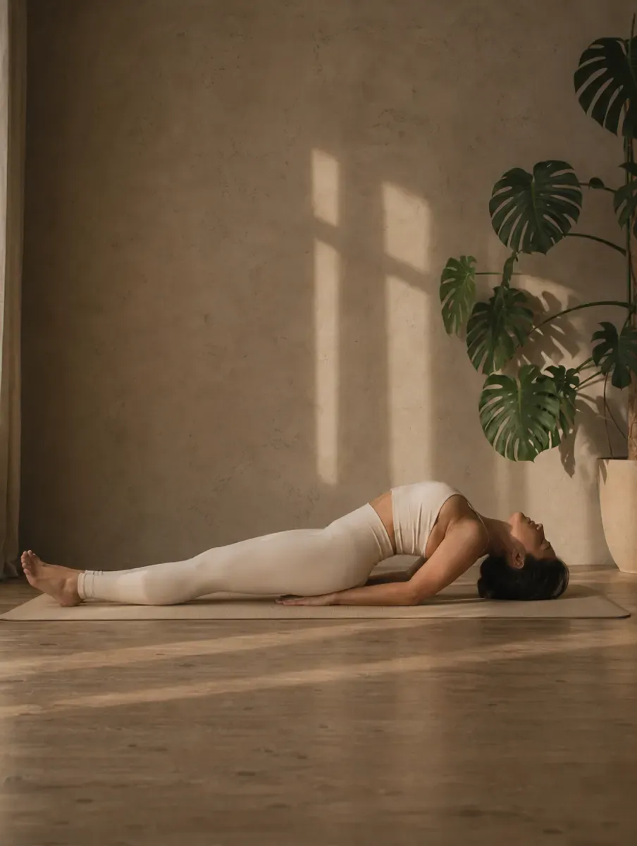 A woman in a cream set lies in Fish Pose, legs straight and chest lifted on her forearms, crown of the head resting on the mat.