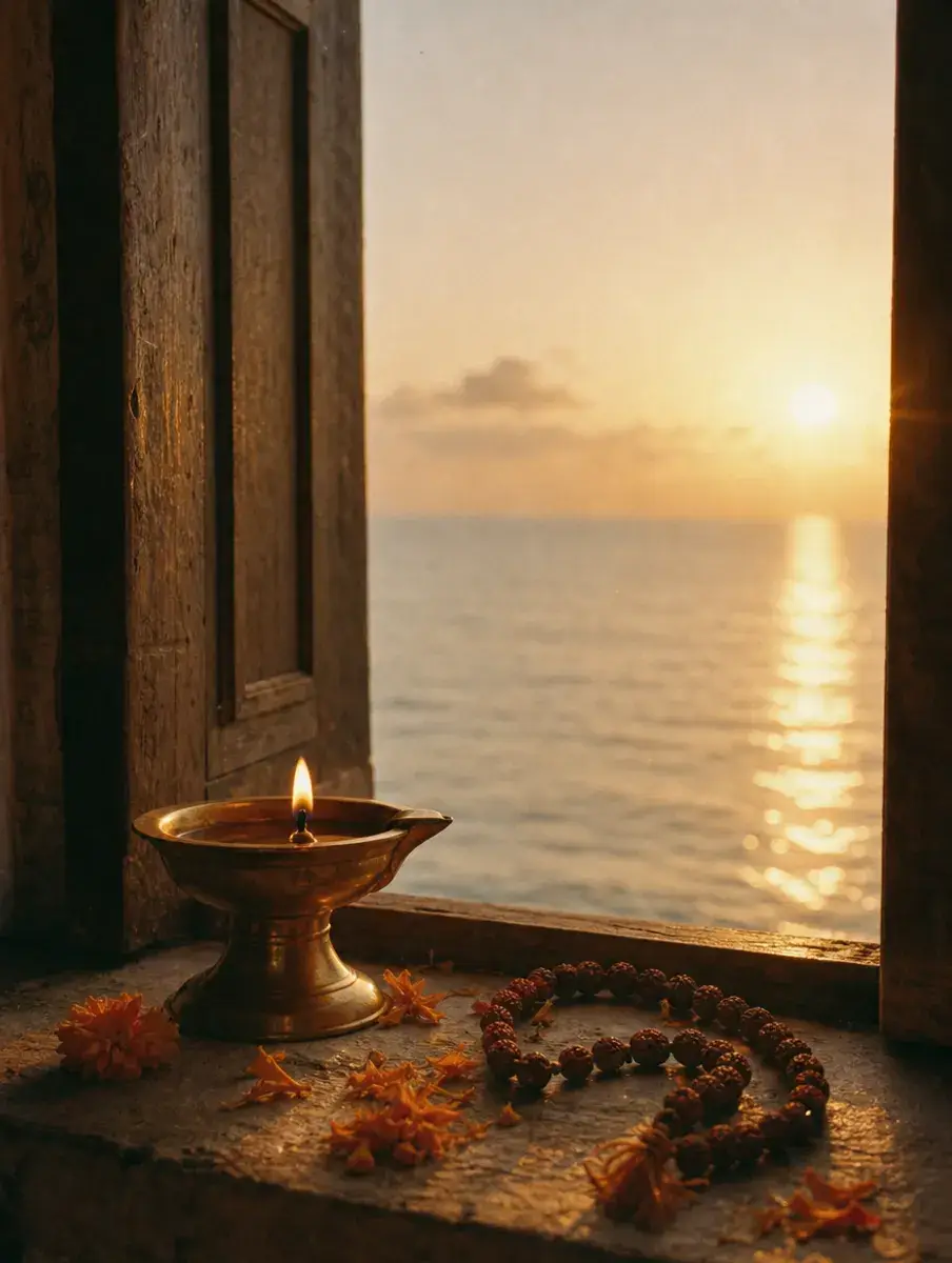 A lit brass lamp, marigold petals and rudraksha beads on a window sill as the sun sits low over a calm sea.
