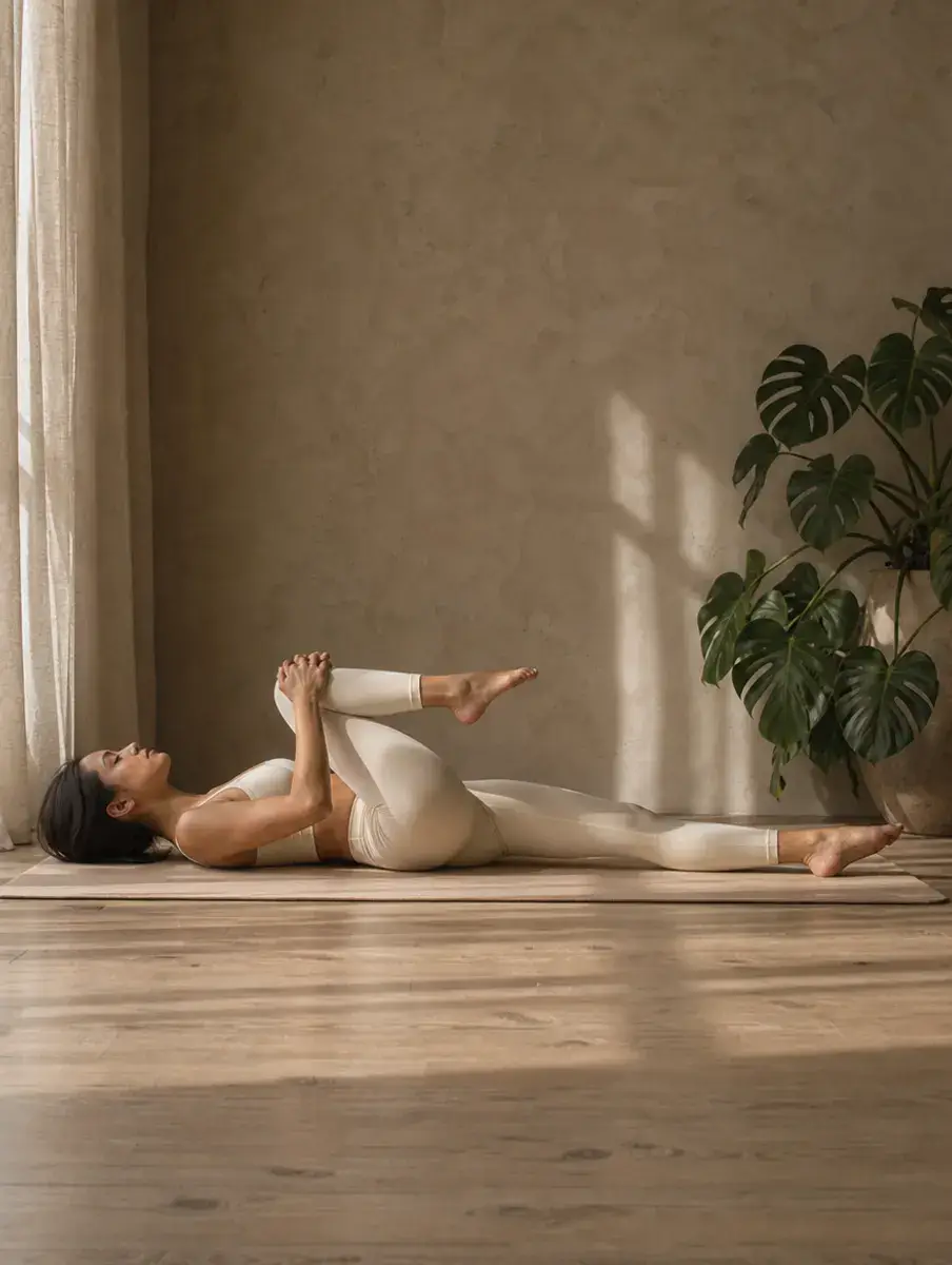 A woman lies on her back hugging one knee toward her chest with the other leg long on the mat, in soft window light.