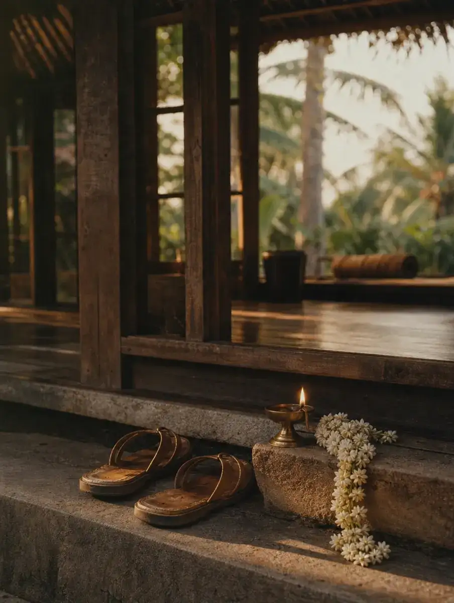 Worn sandals left at the doorstep of an open-air wooden shala beside a lit brass lamp and a jasmine garland.
