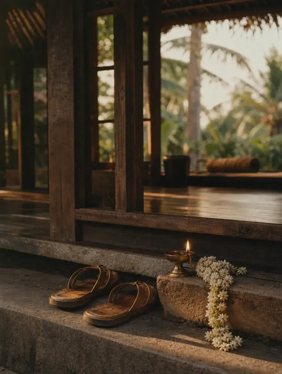 Worn sandals left at the doorstep of an open-air wooden shala beside a lit brass lamp and a jasmine garland.