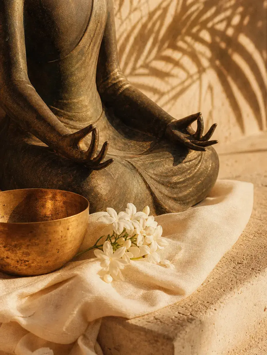 The hands of a worn bronze seated figure rest on its knees in gyan mudra, beside a brass bowl and jasmine on linen.