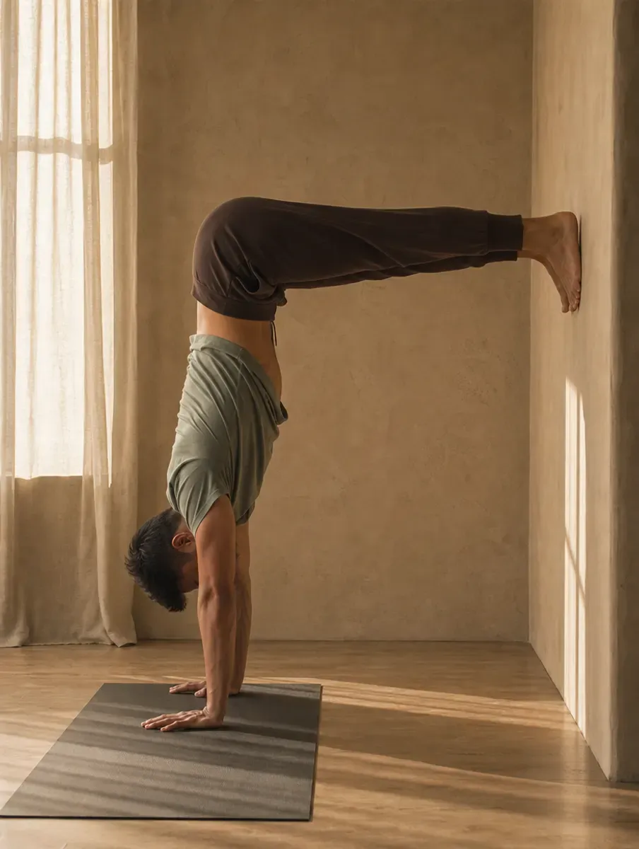 A man holds an L-shaped handstand at a plaster wall, hands on the mat and feet pressing into the wall at hip height.