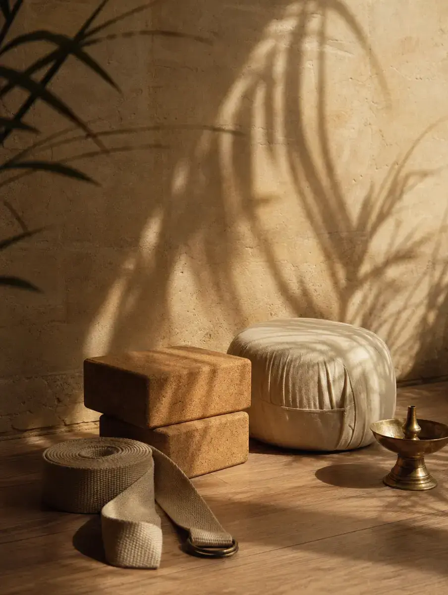 Cork blocks, a cotton strap, a cream bolster and a small brass lamp on an oak floor under palm-leaf shadows.