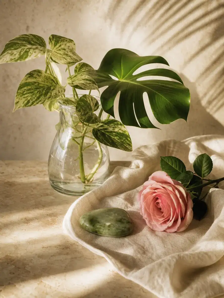 A glass vase of pothos and monstera beside a pink rose and a green jade stone on linen in warm light.