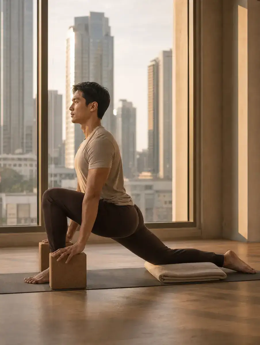 A man kneels in a low lunge with his back knee on a folded cushion and hands on cork blocks, BGC towers behind him.