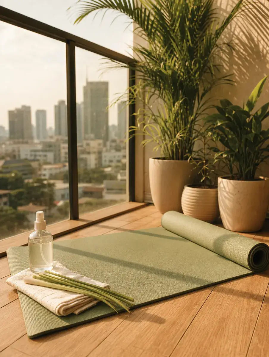 A sage yoga mat on a sunny condo balcony with an unlabelled spray bottle, a cotton cloth and lemongrass.