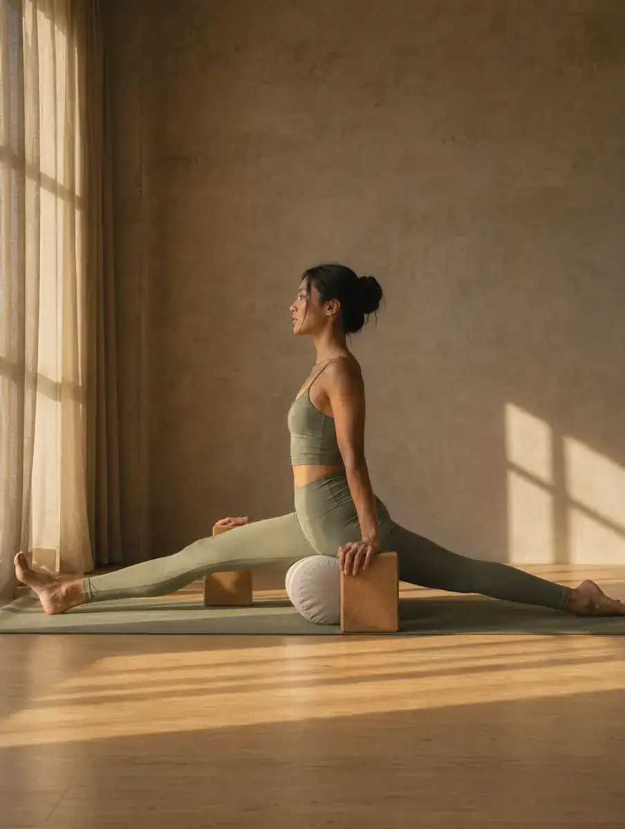 A woman in a sage set eases into a supported front split, hips resting on a bolster and hands on cork blocks, in a warm plaster-walled room.